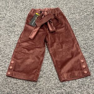 Girls Velvet Dusty Rose Pants with Bow and Button Detail